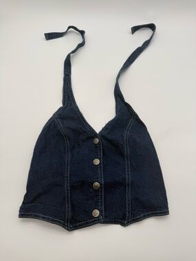 Y2K MUSHROOM Vintage Denim Jean Button Up Neck Tie Halter Top Blouse Size 7/8 M